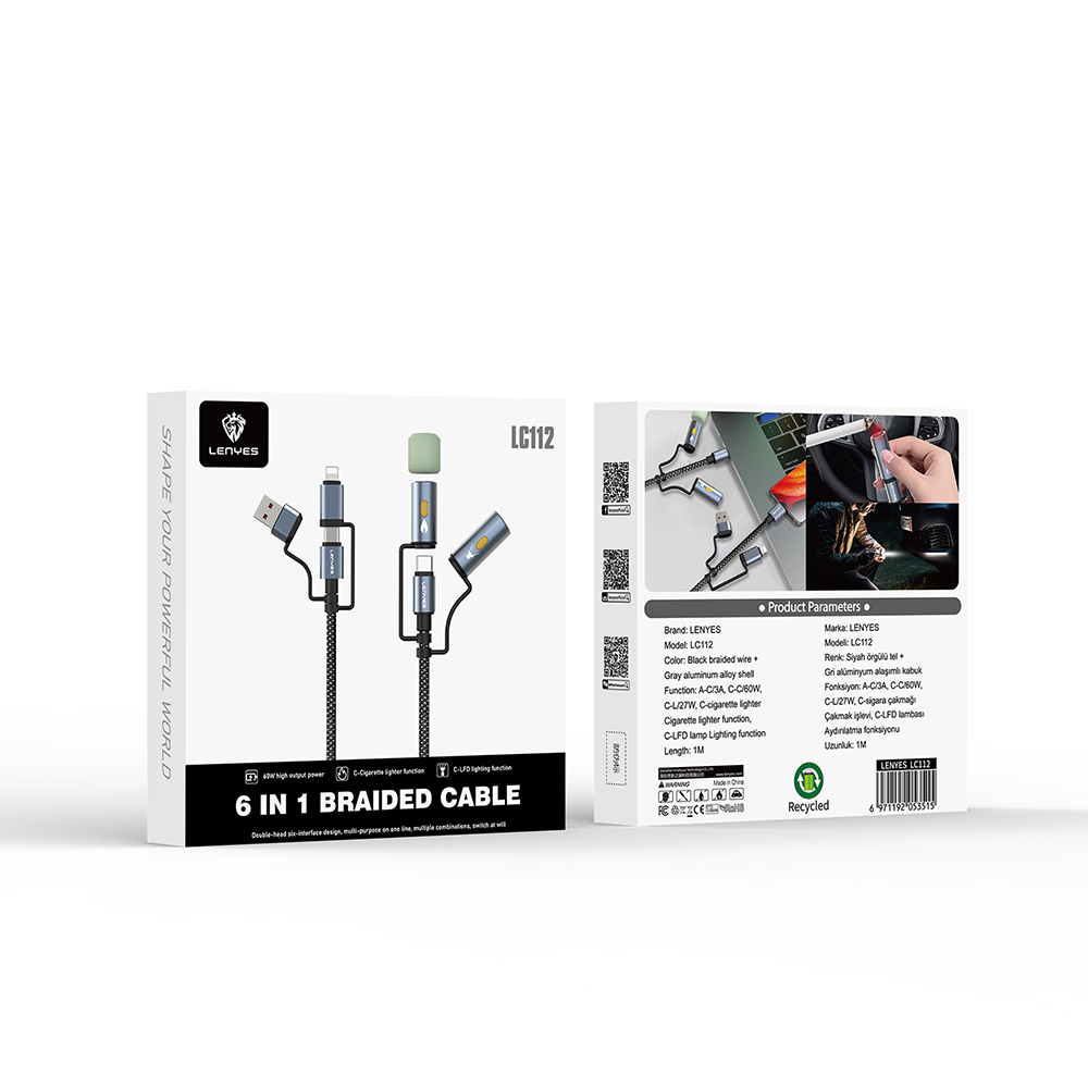 Lenyes LC112 Çoklu Şarj Kablolu Fener Ve Çakmaklık Özellikli 6in1 Kablo 240W 1M - 6