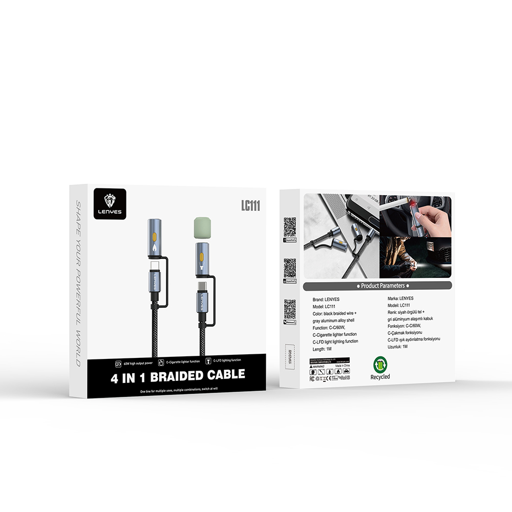 Lenyes LC111 Çoklu Şarj Kablolu Fener Ve Çakmaklık Özellikli 4in1 Kablo 60W 1M - 4