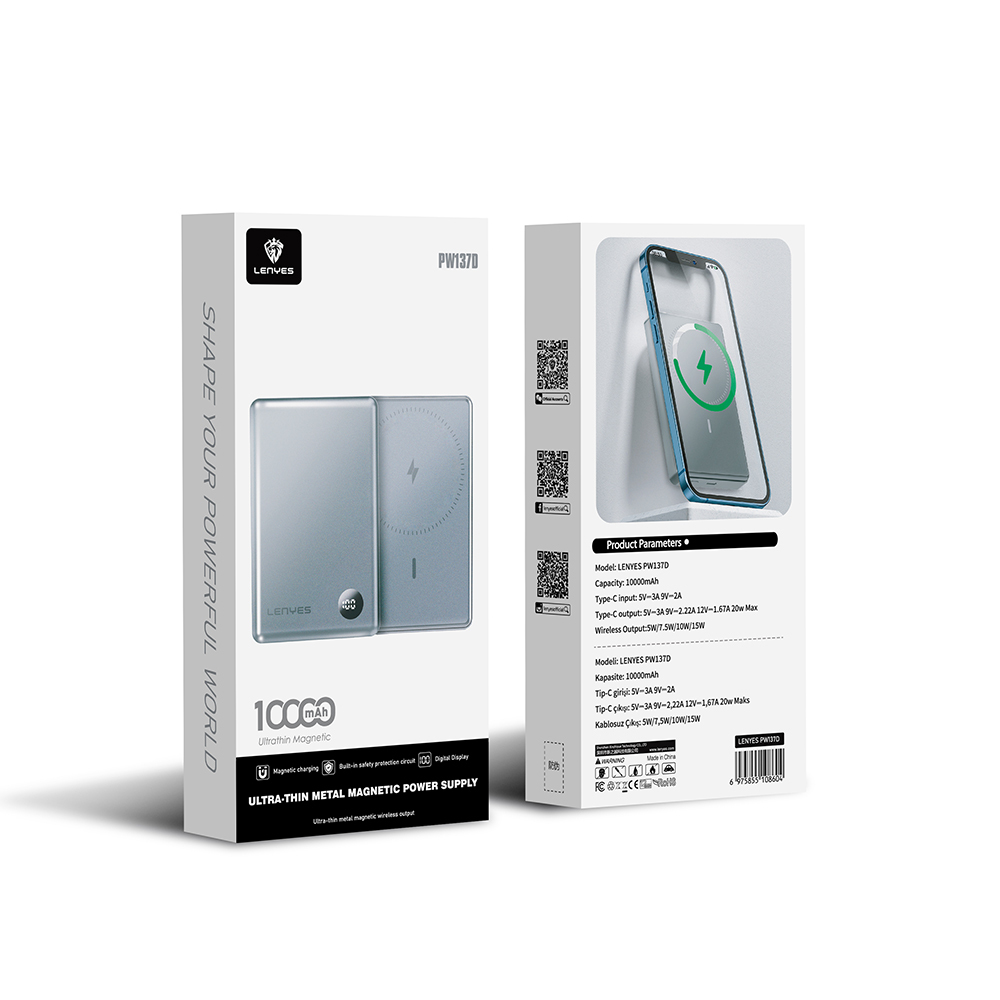 Lenyes PW137D 20W Ultra İnce Dijital LED Ekranlı Wireless Powerbank 15W 10000mAh - 6