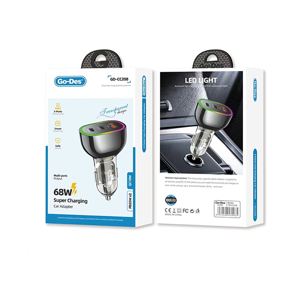 Go Des GD-CC208 Hızlı Şarj Özellikli Dual Type-C + USB-A Portlu Araç Şarj Aleti 68W - 1