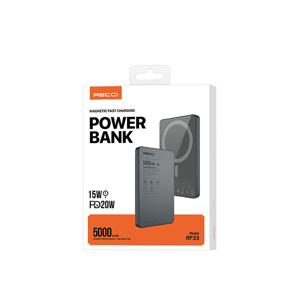 Recci RP33 PD 20W Ultra İnce Led Göstergeli Hızlı Şarj Özellikli Wireless Powerbank 15W 5000mAh - 16