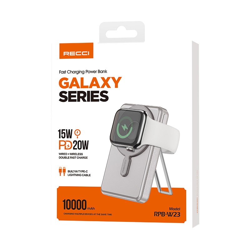 Recci RPB-W23 PD 20W Led Göstergeli Standlı Kablosuz Şarj Özellikli Type-C ve Lightning Kablolu Powerbank 15W 10000mAh - 5