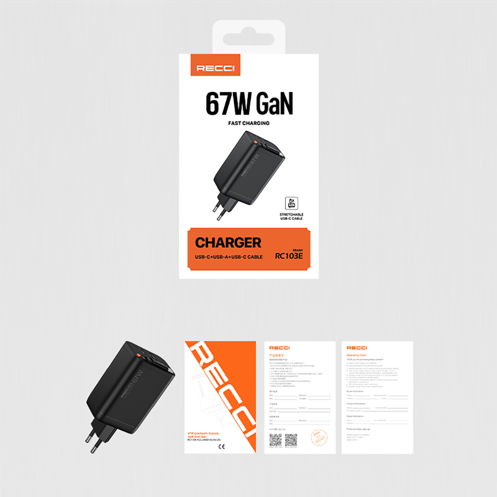 Recci RC103E GaN Teknolojili Hızlı Şarj Başlığı USB-A to Type-C PD 67W Type-C Kablolu Şarj Seti - 10