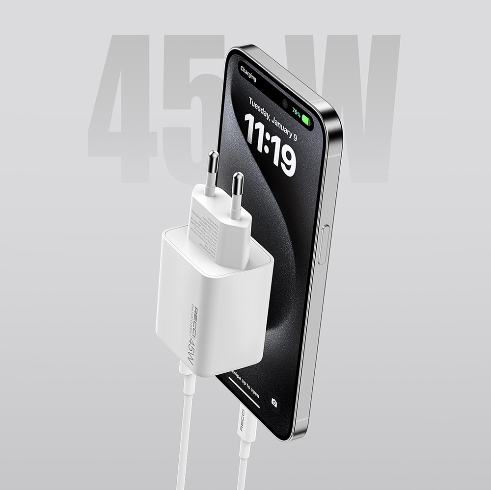 Recci RC108E GaN Teknolojili Hızlı Şarj Başlığı Type-C to Type-C PD 45W Kablolu Şarj Seti - 6
