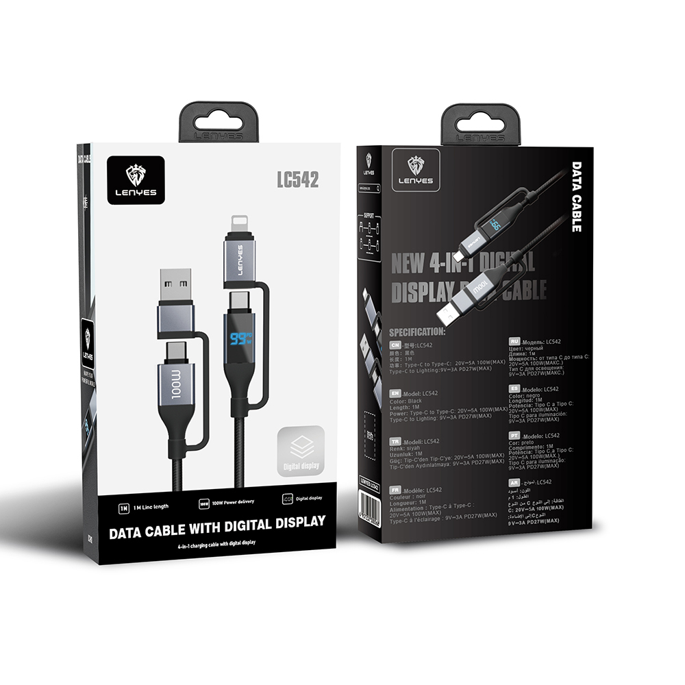 Lenyes LC542 Dijital Göstergeli 4in1 USB-A - Type-C + Type-C to Lightning 100W 1M - 1
