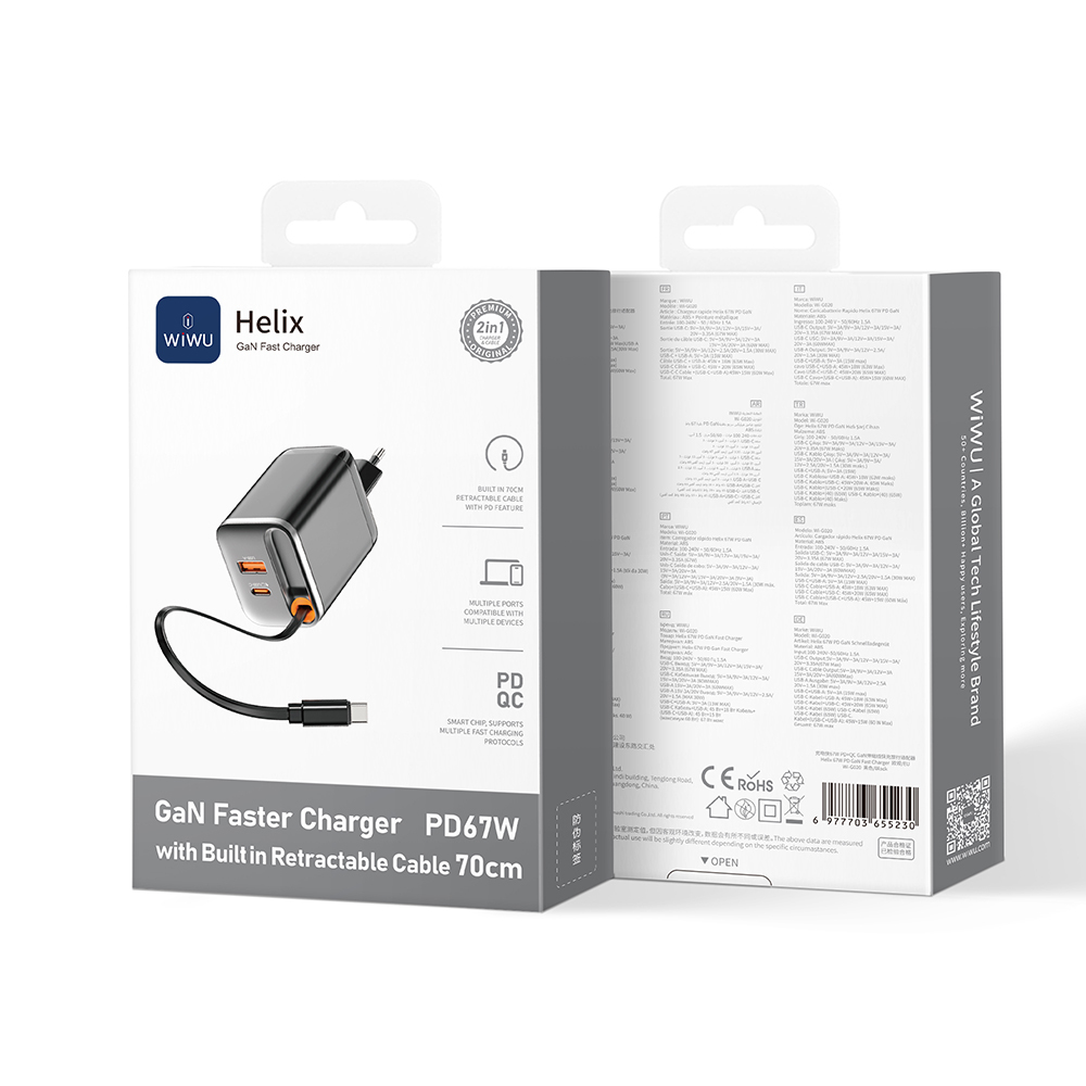 Wiwu Wi-G020 Helix Serisi GaN Teknolojili Hızlı Şarj Başlığı USB-A to Type-C PD 67W Type-C Kablolu Şarj Seti - 1