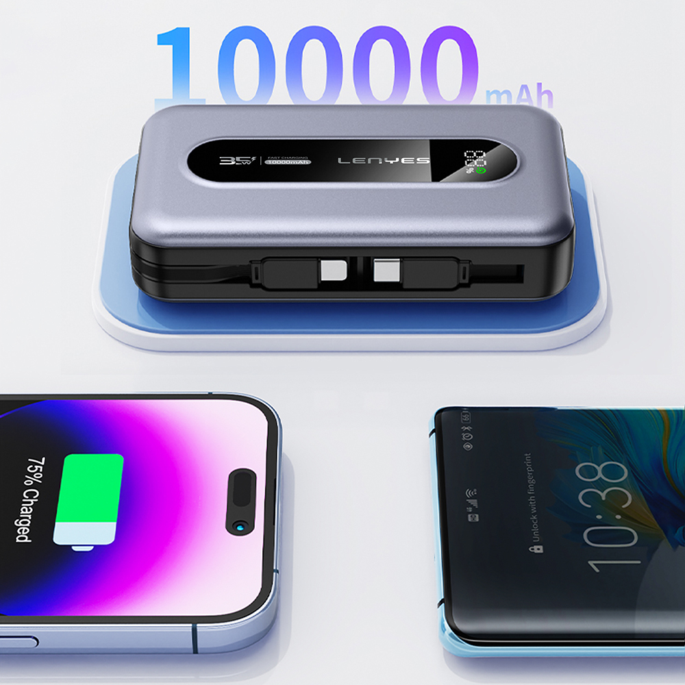 Lenyes PX1002D Dijital LED Göstergeli Teleskopik Type-C ve Lightning Kablolu Powerbank 35W 10.000mAh - 3