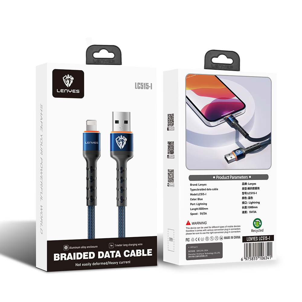 Lenyes LC515 USB-A to Lightning Hızlı Şarj Özellikli Örgülü Data ve Şarj Kablosu 3A 1M - 3