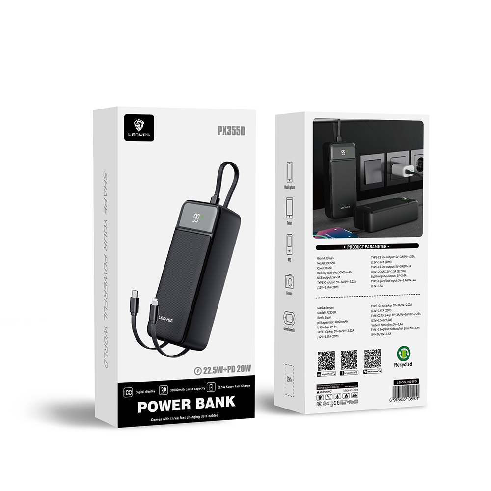 Lenyes PX355D Dijital LED Ekranlı Type-C ve Lightning Kablolu Powerbank 22.5W 30.000mAh - 12