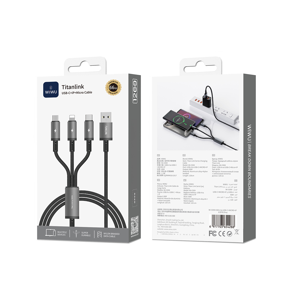 Wiwu Wi-C059 Titanlink Serisi 3in1 USB-A to Lightning – Type-C – Micro Örgülü Şarj ve Data Kablosu 66W 1.2m - 1