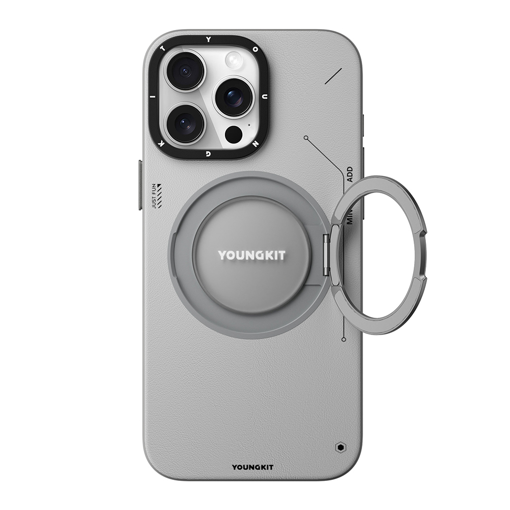 Apple iPhone 15 Pro Max Uyumlu Kılıf Magsafe Şarj Özellikli 360° Standlı Basit Mat Deri Desenli Youngkit Tech Leather Serisi Kapak - 2
