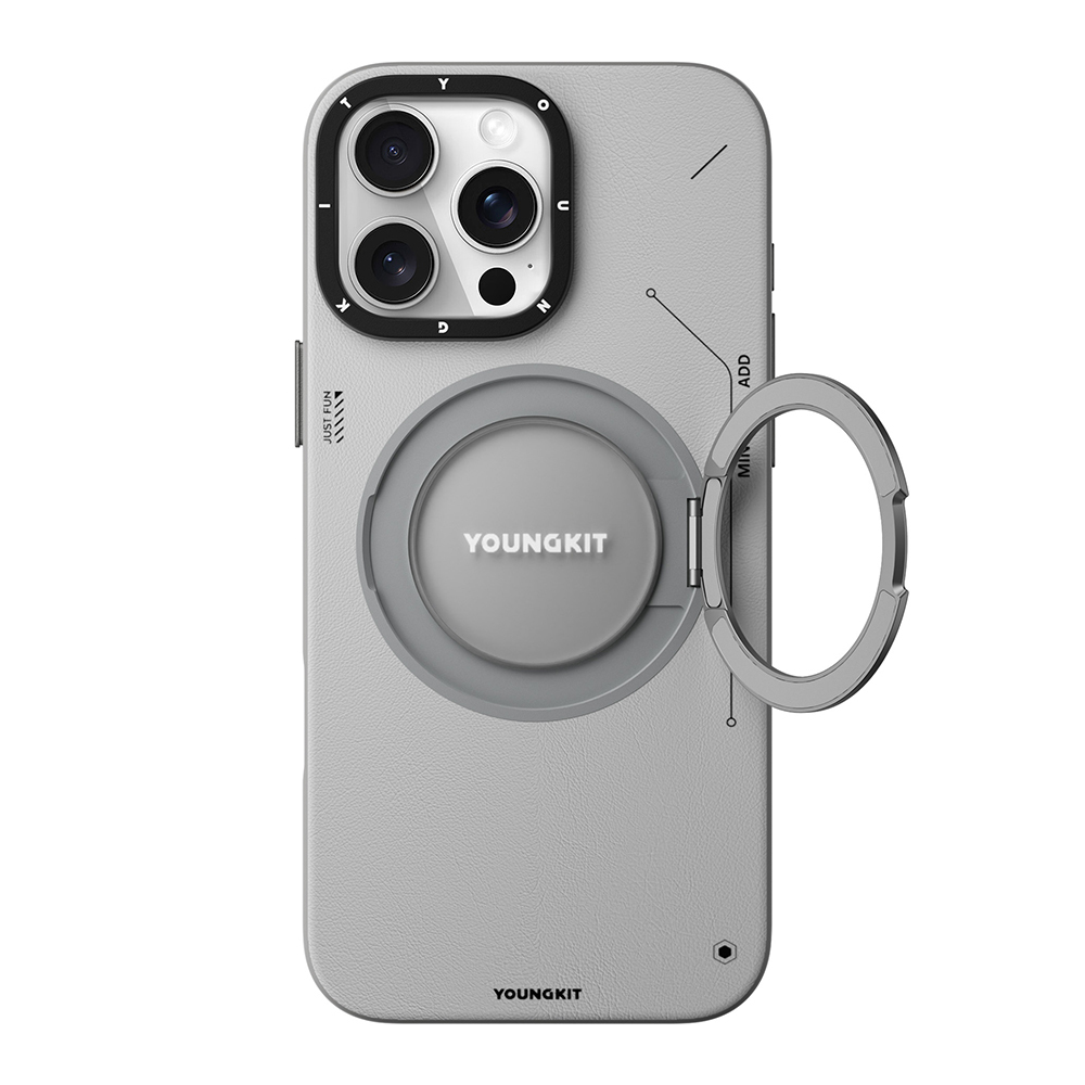 Apple iPhone 16 Pro Max Uyumlu Kılıf Magsafe Şarj Özellikli 360° Standlı Basit Mat Deri Desenli Youngkit Tech Leather Serisi Kapak - 1