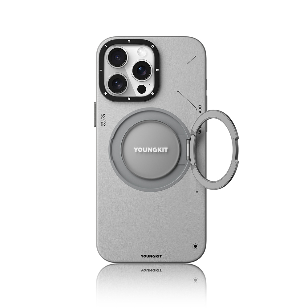 Apple iPhone 16 Pro Max Uyumlu Kılıf Magsafe Şarj Özellikli 360° Standlı Basit Mat Deri Desenli Youngkit Tech Leather Serisi Kapak - 4