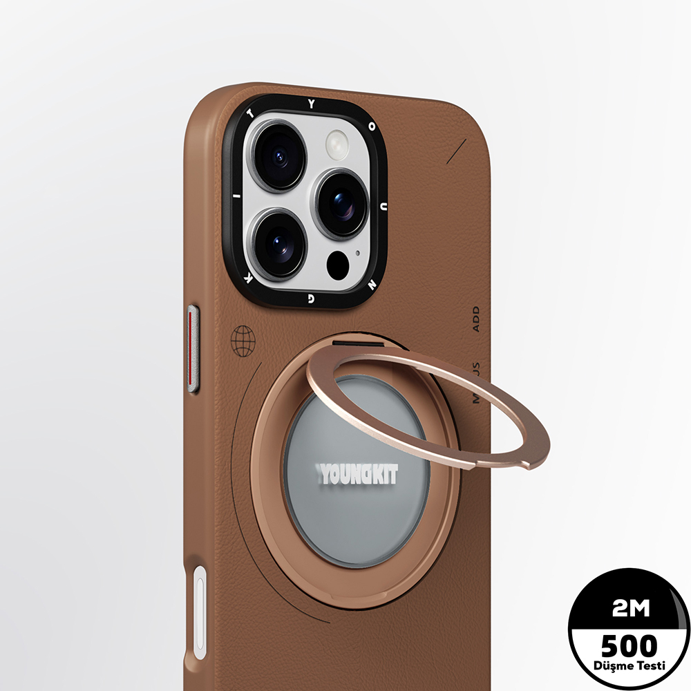 Apple iPhone 16 Pro Max Uyumlu Kılıf Magsafe Şarj Özellikli 360° Standlı Basit Mat Deri Desenli Youngkit Tech Leather Serisi Kapak - 8
