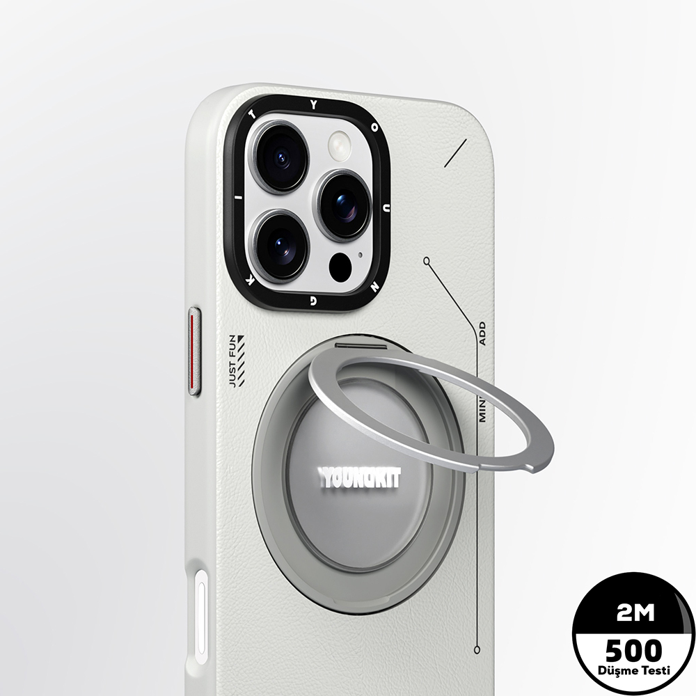 Apple iPhone 16 Pro Max Uyumlu Kılıf Magsafe Şarj Özellikli 360° Standlı Basit Mat Deri Desenli Youngkit Tech Leather Serisi Kapak - 9