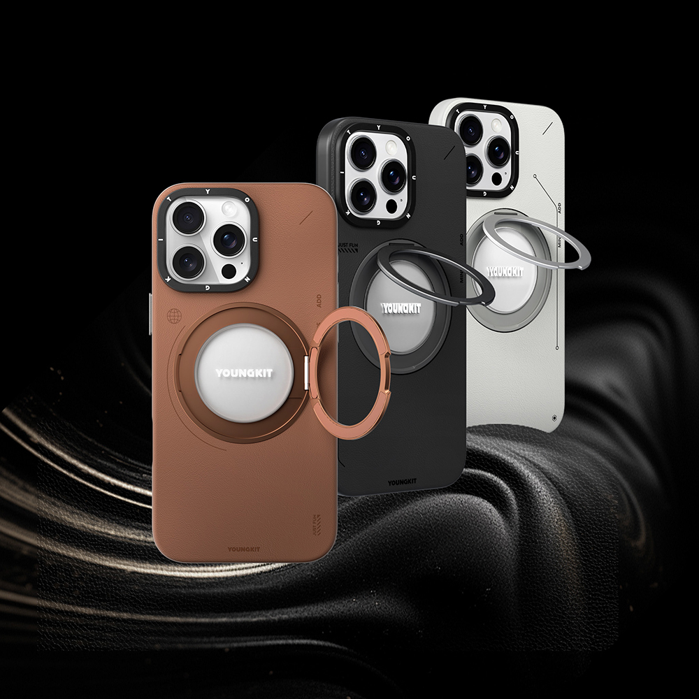 Apple iPhone 16 Pro Max Uyumlu Kılıf Magsafe Şarj Özellikli 360° Standlı Basit Mat Deri Desenli Youngkit Tech Leather Serisi Kapak - 14