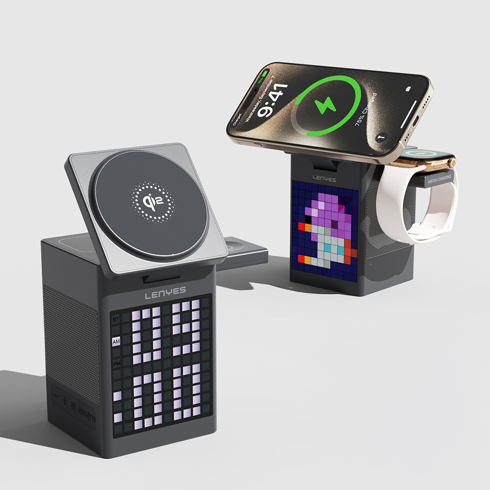 Lenyes PW320 Qi2 Şarj Teknolojili Alarmlı Bluetooth Speaker Özellikli Telefon&Akıllı Saat&Kulaklık 15W 6in1 Kablosuz Şarj Standı - 3