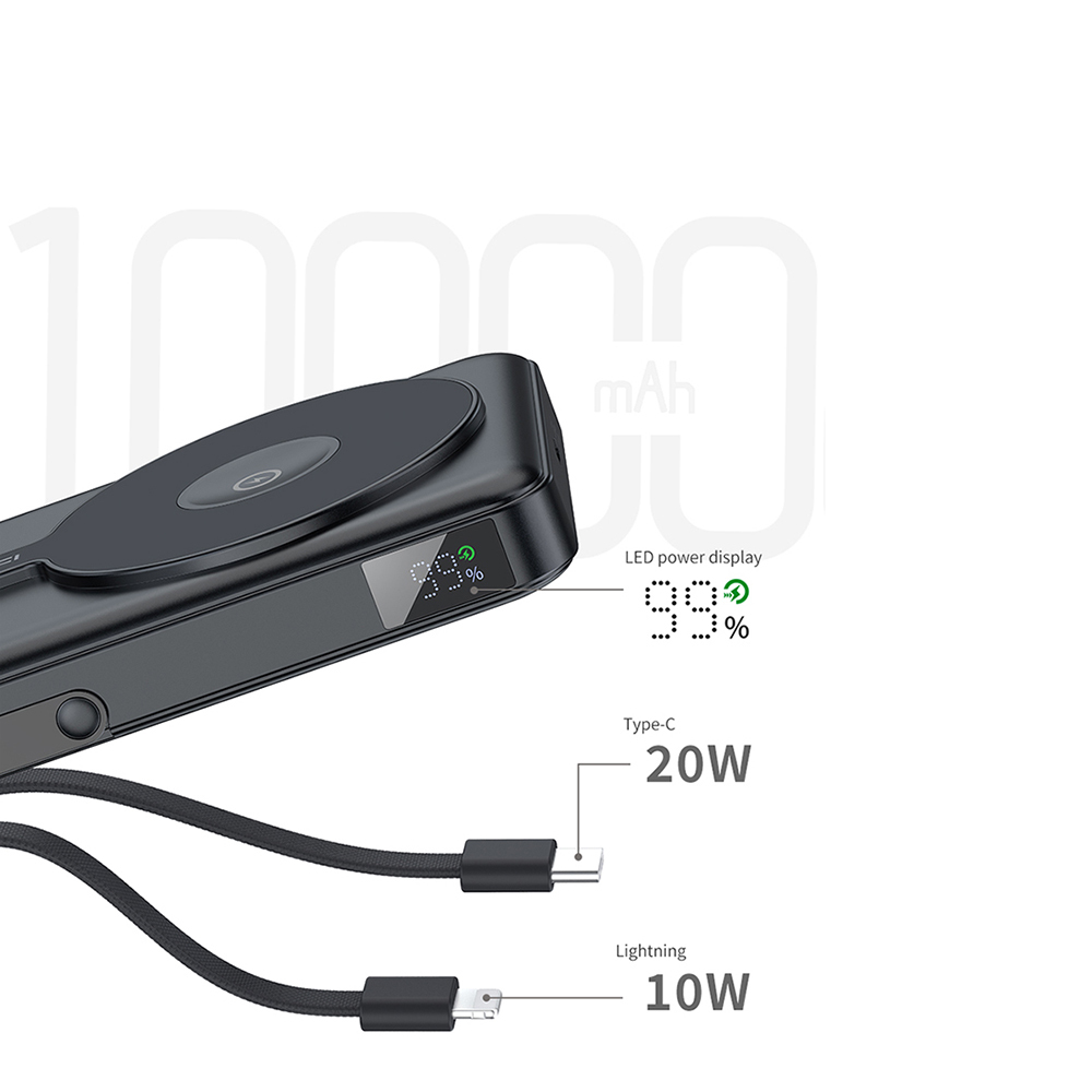 Recci RPB-W27 Galaxy Serisi Dijital LED Göstergeli Kablosuz Şarj Özellikli Type-C ve Lightning Kablolu Powerbank 20W 10.000mAh - 2
