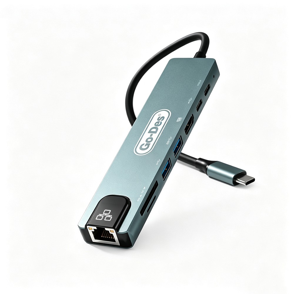 Go Des GD-9230 Type-C Bağlantılı 8in1 USB3.0 + PD + Hdmi 4K Ultra HD + RJ45 + SD/TF Bağlantılı Hub Adaptör - 1