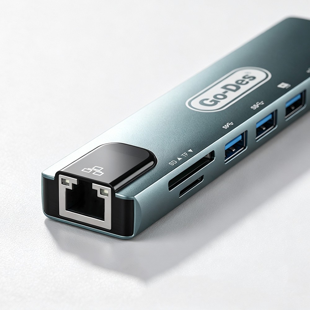 Go Des GD-9230 Type-C Bağlantılı 8in1 USB3.0 + PD + Hdmi 4K Ultra HD + RJ45 + SD/TF Bağlantılı Hub Adaptör - 4