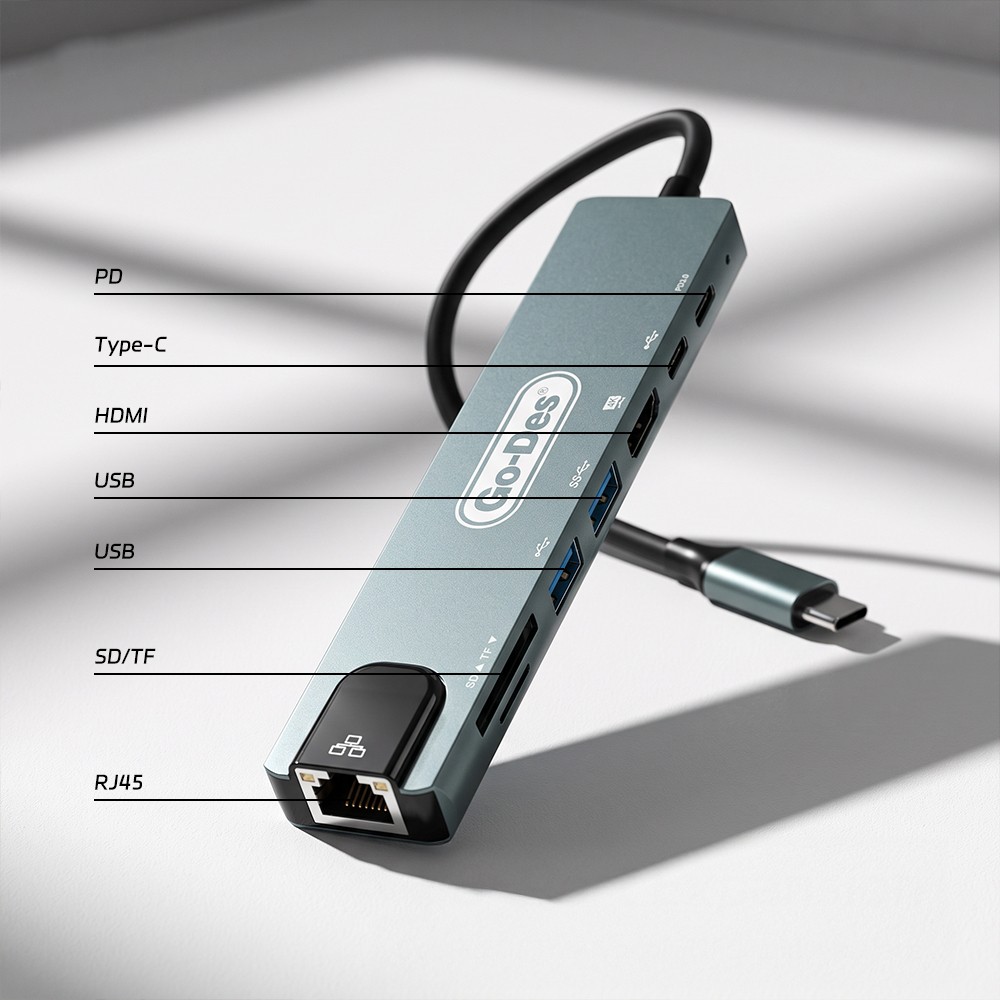 Go Des GD-9230 Type-C Bağlantılı 8in1 USB3.0 + PD + Hdmi 4K Ultra HD + RJ45 + SD/TF Bağlantılı Hub Adaptör - 5
