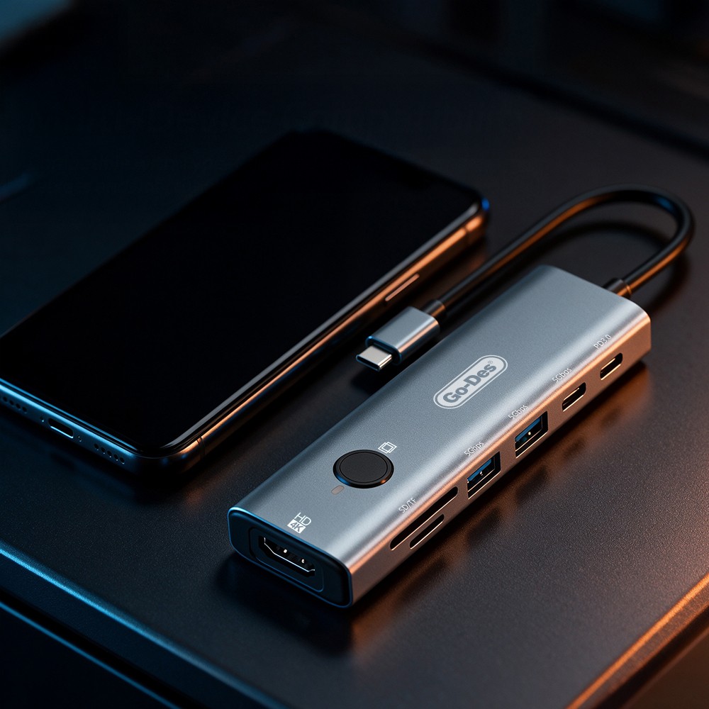 Go Des GD-6910 Type-C Bağlantılı 7in1 Hub Adaptör USB 5gbps/Hdmi/PD 3.0/3.5mm/4K Ultra HD - 1