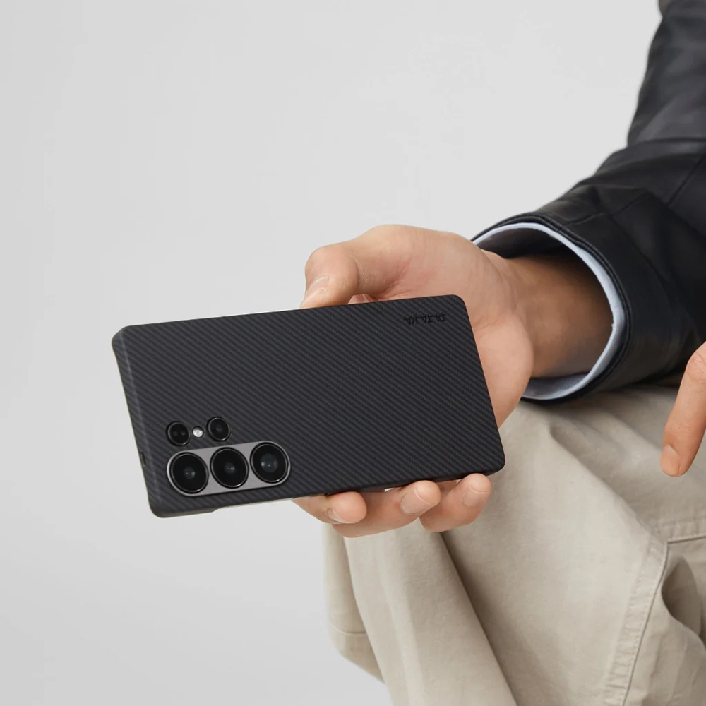 Samsung Galaxy S25 Uyumlu Ultra Kılıf Magsafe Şarj Özellikli 600D Aramid Fiber Pitaka Ultra-Slim Classic Serisi Black-Grey Twill Kapak - 10