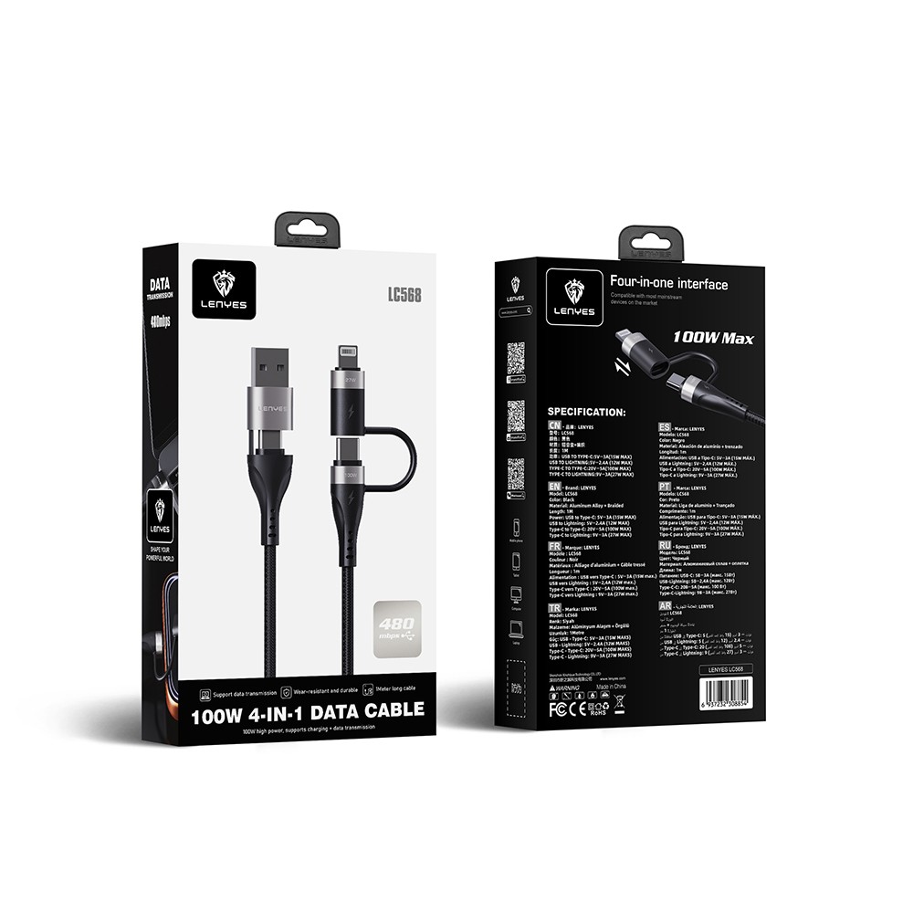 Lenyes LC568 4in1 USB-A - Type-C + Type-C to Lightning Data ve Şarj Kablosu 100W 1M - 5