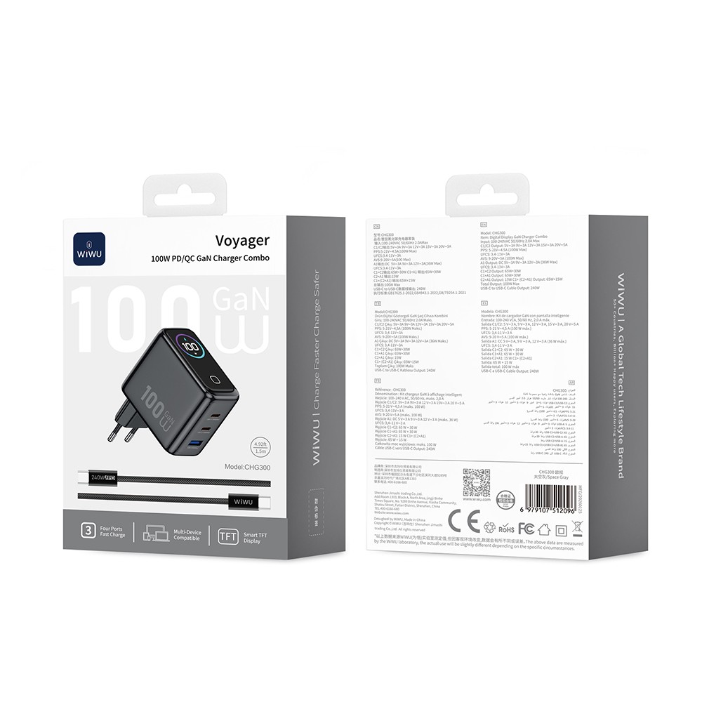 Wiwu CHG300 Voyager Serisi GaN Teknolojili PD/QC TFT Göstergeli Hızlı Şarj Başlığı 100W - 5