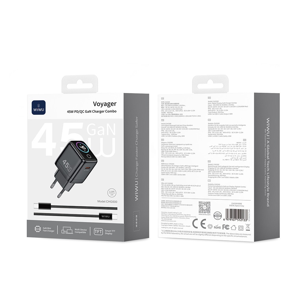 Wiwu CHG500 Voyager Serisi GaN Teknolojili PD/QC TFT Göstergeli Hızlı Şarj Başlığı 45W - 5