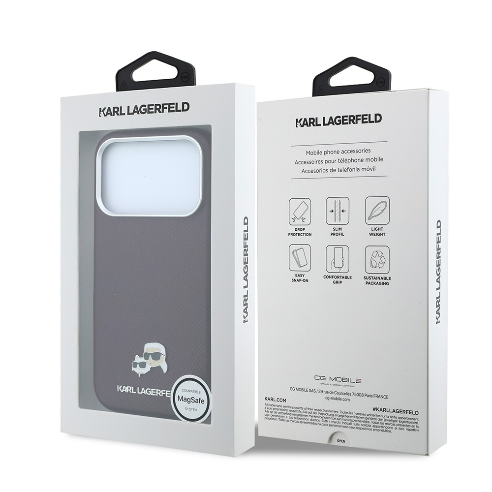 Apple iPhone 18 Pro Uyumlu Kılıf Karl Lagerfeld Orjinal Lisanslı M-Safe Şarj Özellikli K&C Heads Metal Logolu PU Kapak - 7