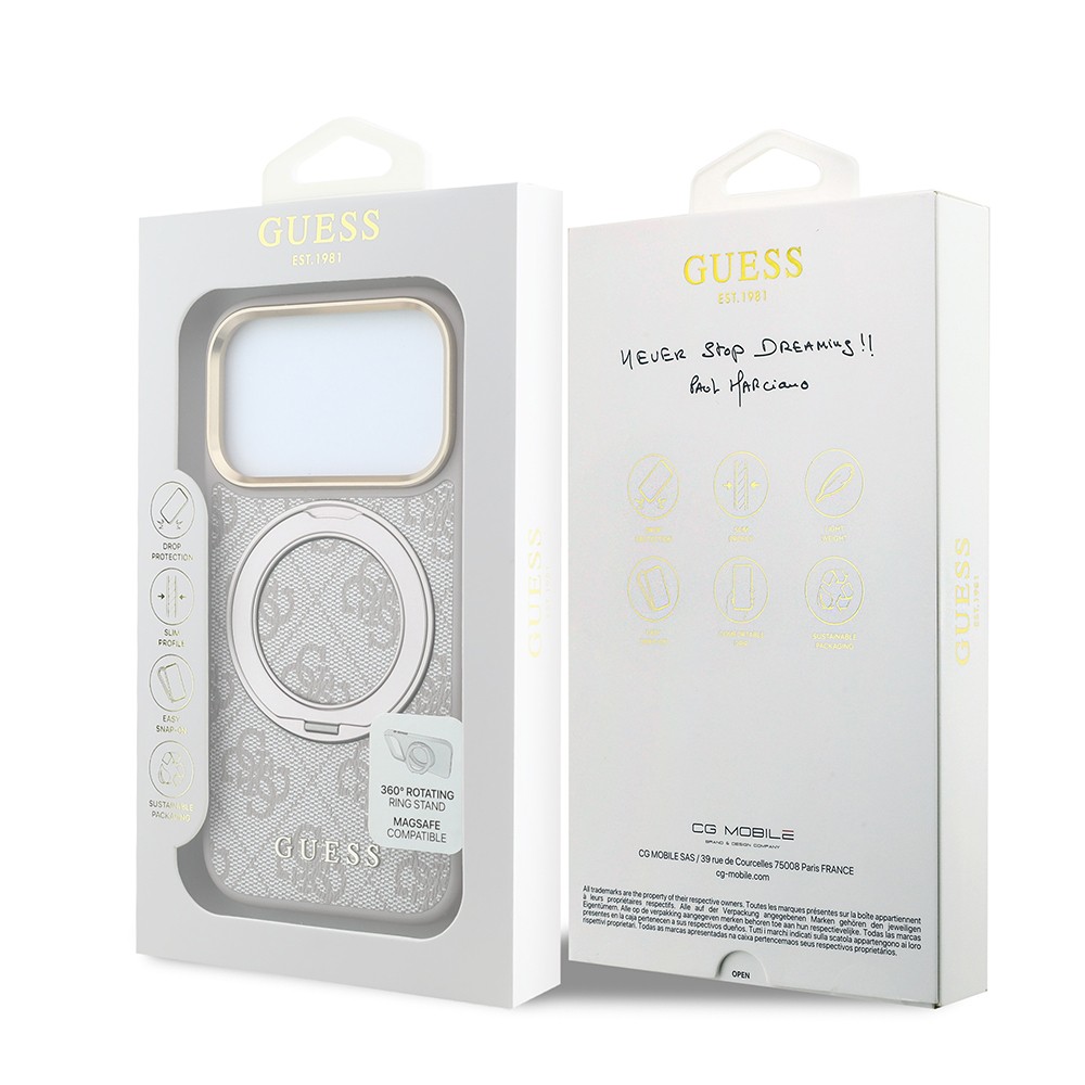 Apple iPhone 18 Pro Max Uyumlu Kılıf Guess Orjinal Lisanslı M-safe Şarj Özellikli 4G Desenli 360 Derece Dönebilen Standlı Metal Yazı Logolu Kapak - 7