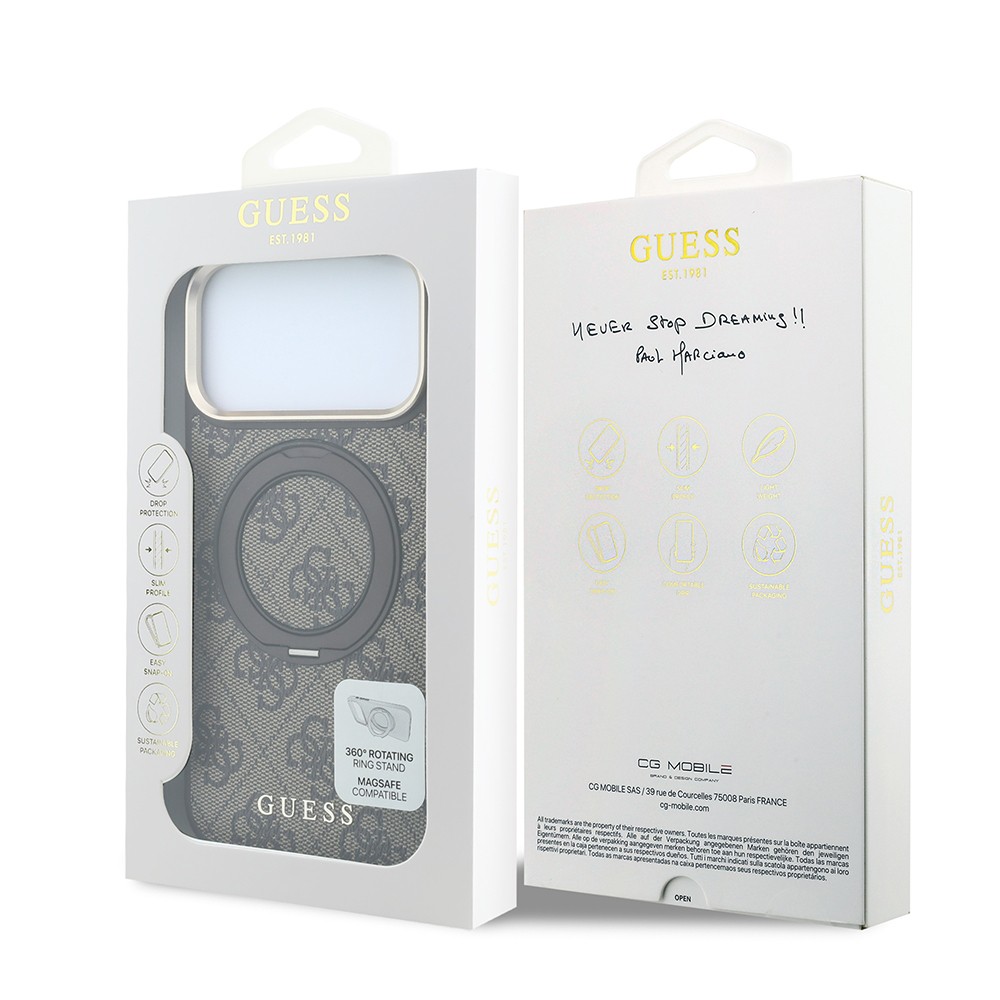 Apple iPhone 18 Pro Max Uyumlu Kılıf Guess Orjinal Lisanslı M-safe Şarj Özellikli 4G Desenli 360 Derece Dönebilen Standlı Metal Yazı Logolu Kapak - 7