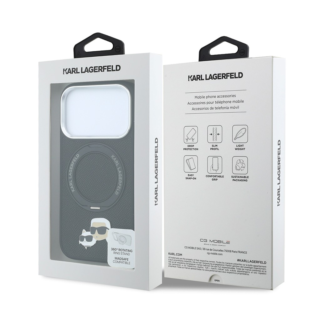 Apple iPhone 18 Pro Uyumlu Kılıf Karl Lagerfeld Orjinal Lisanslı M-Safe Şarj Özellikli K&C Heads Pin Metal Logolu PU 360 Derece Dönebilen Standlı Kapak - 7
