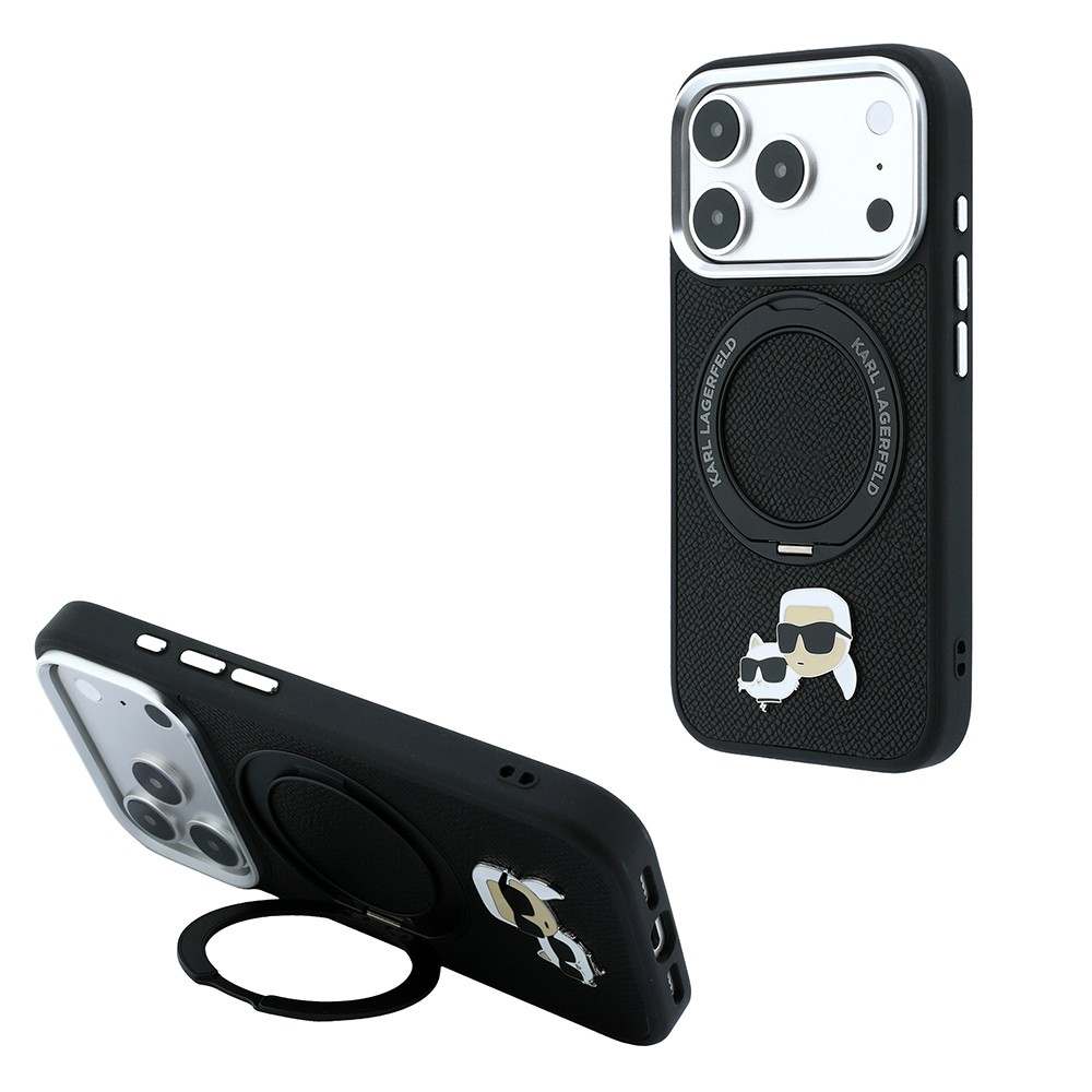 Apple iPhone 18 Pro Max Uyumlu Kılıf Karl Lagerfeld Orjinal Lisanslı M-Safe Şarj Özellikli K&C Heads Pin Metal Logolu PU 360 Derece Dönebilen Standlı Kapak - 1