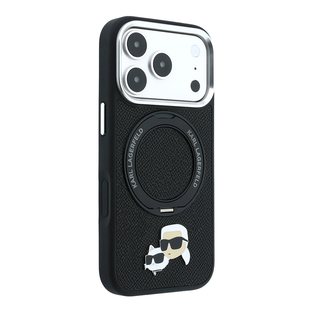 Apple iPhone 18 Pro Max Uyumlu Kılıf Karl Lagerfeld Orjinal Lisanslı M-Safe Şarj Özellikli K&C Heads Pin Metal Logolu PU 360 Derece Dönebilen Standlı Kapak - 3