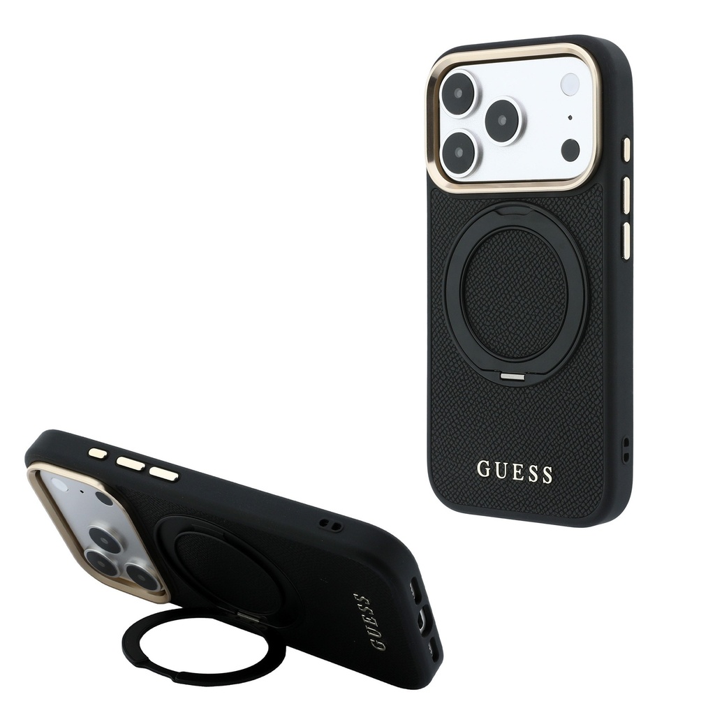 Apple iPhone 18 Pro Uyumlu Kılıf Guess Orjinal Lisanslı M-safe Şarj Özellikli 360 Derece Dönebilen Standlı PU Metal Yazı Logolu Kapak - 1