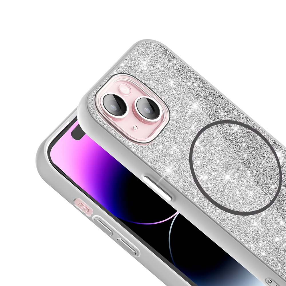 Apple iPhone 15 Plus Uyumlu Kılıf Magsafe Şarj Özellikli Parlayan Simli Zore Okso Kapak - 9