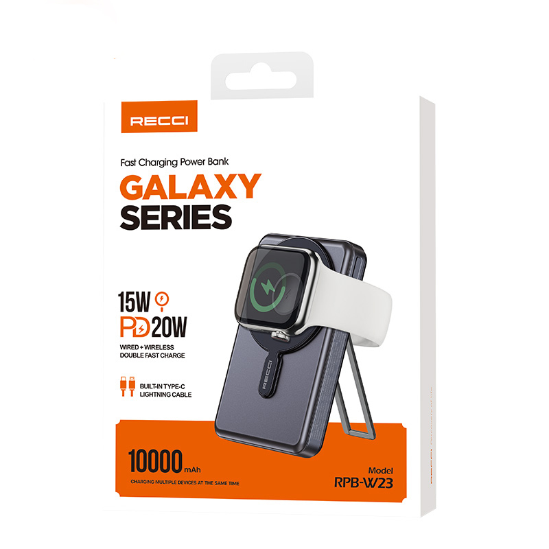 Recci RPB-W23 PD 20W Led Göstergeli Standlı Kablosuz Şarj Özellikli Type-C ve Lightning Kablolu Powerbank 15W 10000mAh - 6