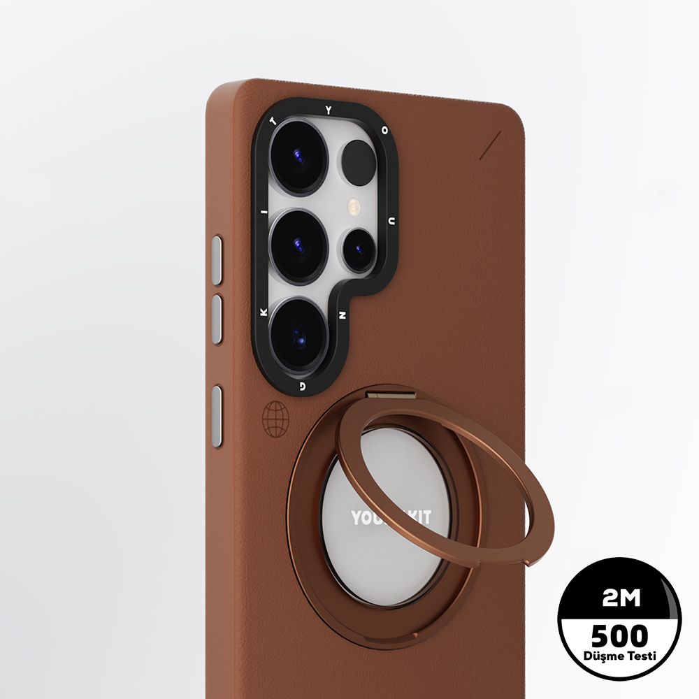 Samsung Galaxy S25 Ultra Uyumlu Kılıf Magsafe Şarj Özellikli 360° Standlı Basit Mat Deri Desenli Youngkit Tech Leather Serisi Kapak - 4