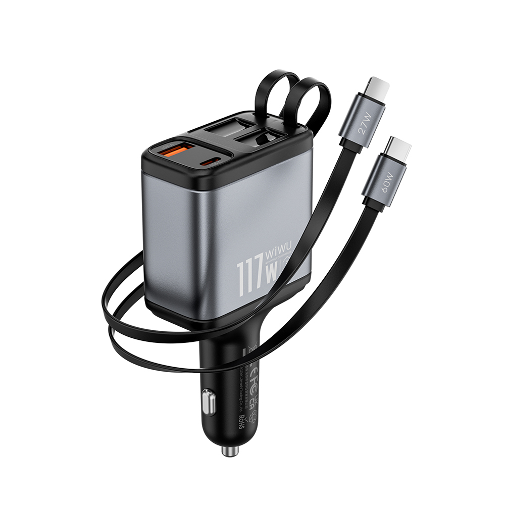 Wiwu Wi-QC027 Exeed Serisi Type-C&Lightning Kablolu + USB-A Hızlı Şarj Özellikli Led Göstergeli Araç Şarj Aleti 117W - 2
