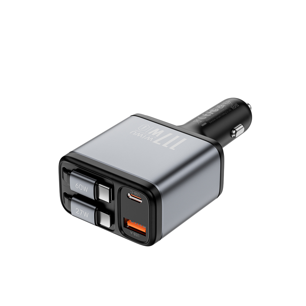 Wiwu Wi-QC027 Exeed Serisi Type-C&Lightning Kablolu + USB-A Hızlı Şarj Özellikli Led Göstergeli Araç Şarj Aleti 117W - 3