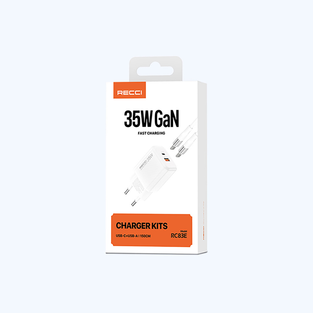 Recci RC83ECC GaN Teknolojili Hızlı Şarj Başlığı USB-A to Type-C PD 35W Kablolu Şarj Seti - 8