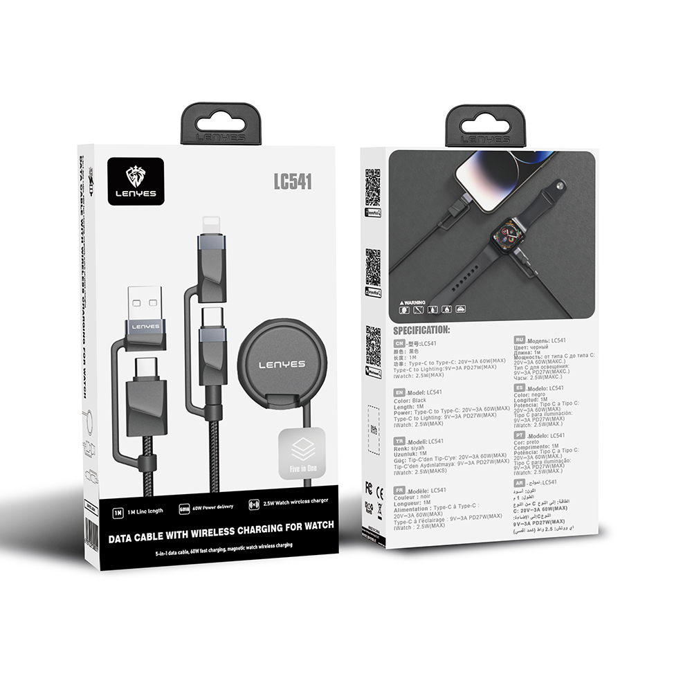 Lenyes LC541 USB-A + Type-C to Lightning – Type-C – Akıllı Saat Şarj Kablosu 60W 1M - 1