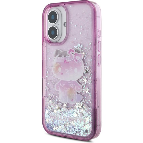 Apple iPhone 16 Uyumlu Kılıf Hello Kitty Orjinal Lisanslı Sıvılı Simli 50. Yıldönümü Partisi Kapak