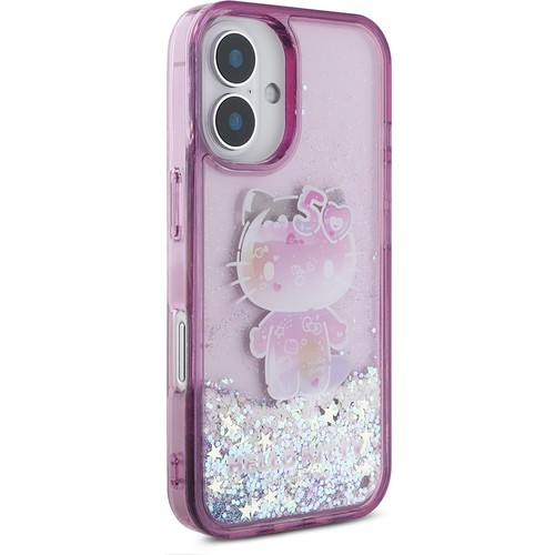 Apple iPhone 16 Uyumlu Kılıf Hello Kitty Orjinal Lisanslı Sıvılı Simli 50. Yıldönümü Partisi Kapak
