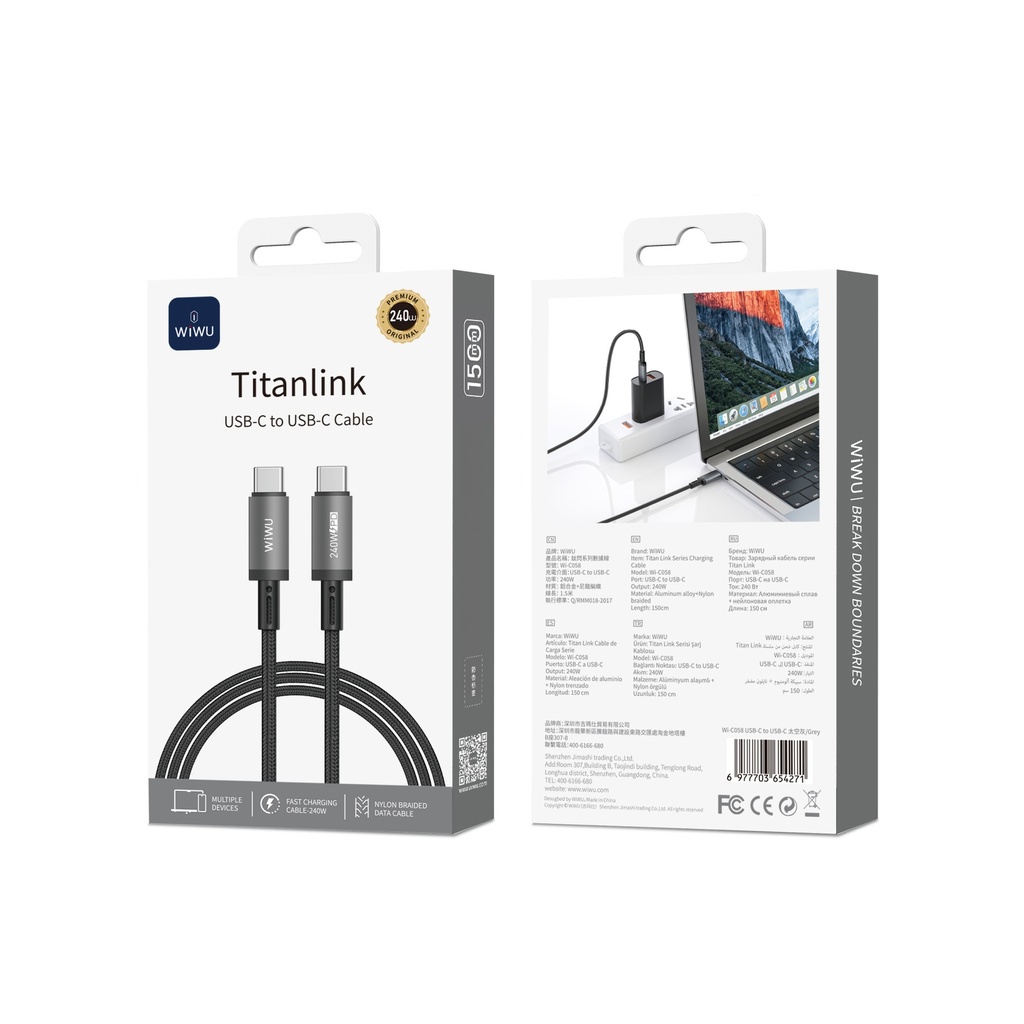 Wiwu Wi-C058 Titanlink Serisi Type-C to Type-C Hızlı Şarj Özellikli Data ve Şarj Kablosu 240W 1.5M - 2