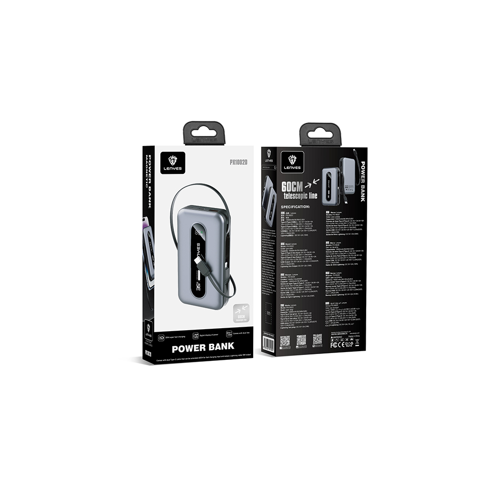 Lenyes PX1002D Dijital LED Göstergeli Teleskopik Type-C ve Lightning Kablolu Powerbank 35W 10.000mAh - 6