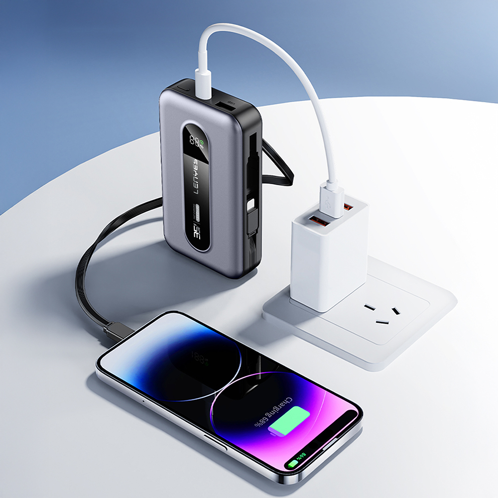 Lenyes PX1002D Dijital LED Göstergeli Teleskopik Type-C ve Lightning Kablolu Powerbank 35W 10.000mAh - 10