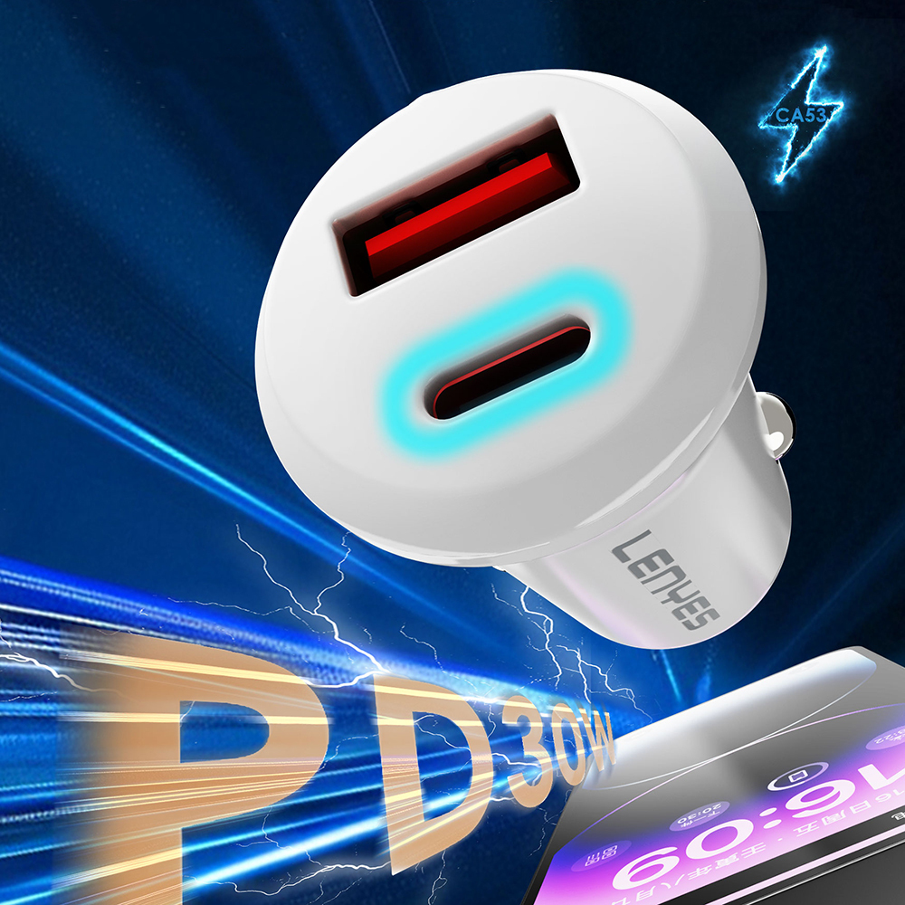 Lenyes CA53 Hızlı Şarj Özellikli Dual Type-C + USB-A Portlu Mini Araç Şarj Aleti 30W - 5